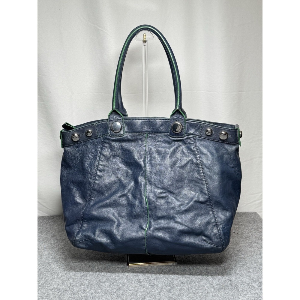 Banana Republic Leather Tote Bag Blue With Green Trim - Picture 4 of 9